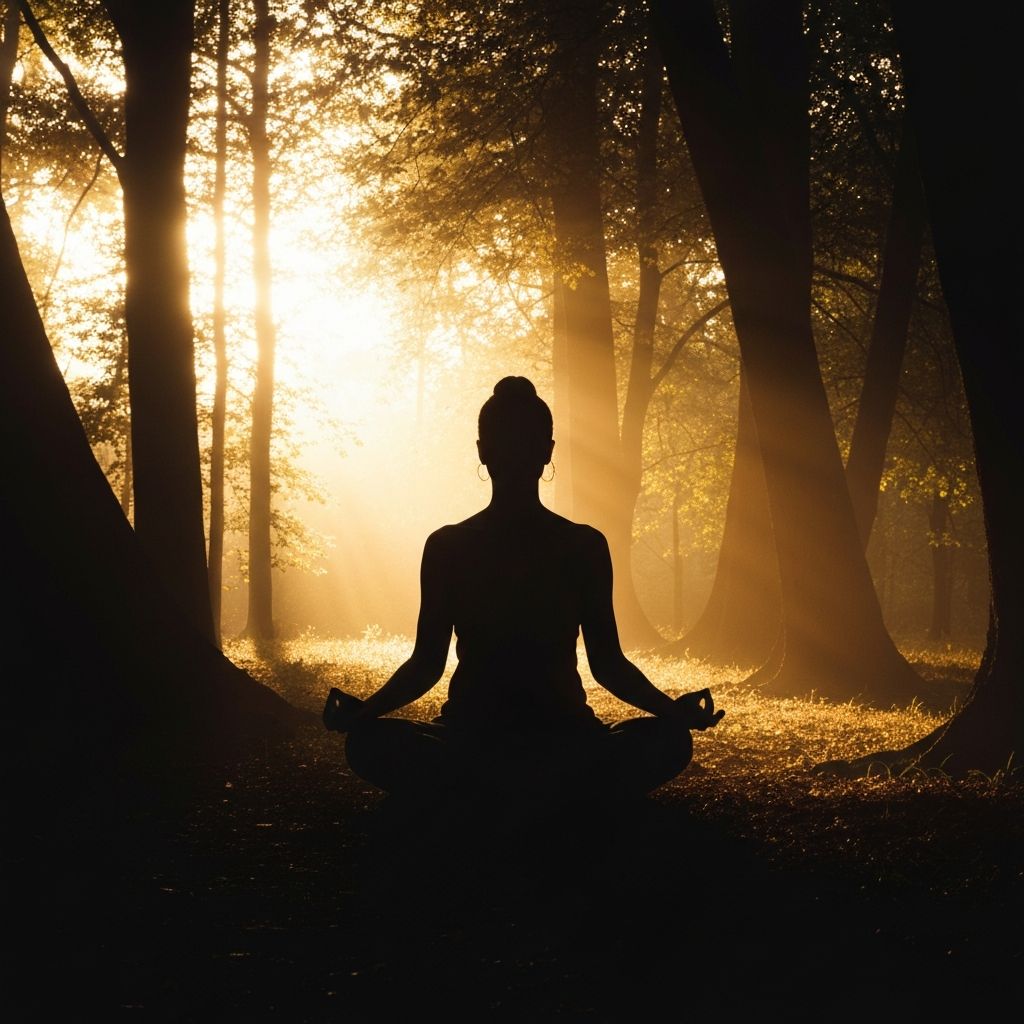 Σιλουέτα ατόμου που διαλογίζεται σε φυσικό περιβάλλον, ήρεμο δάσος με ζεστό χρυσό φωτισμό