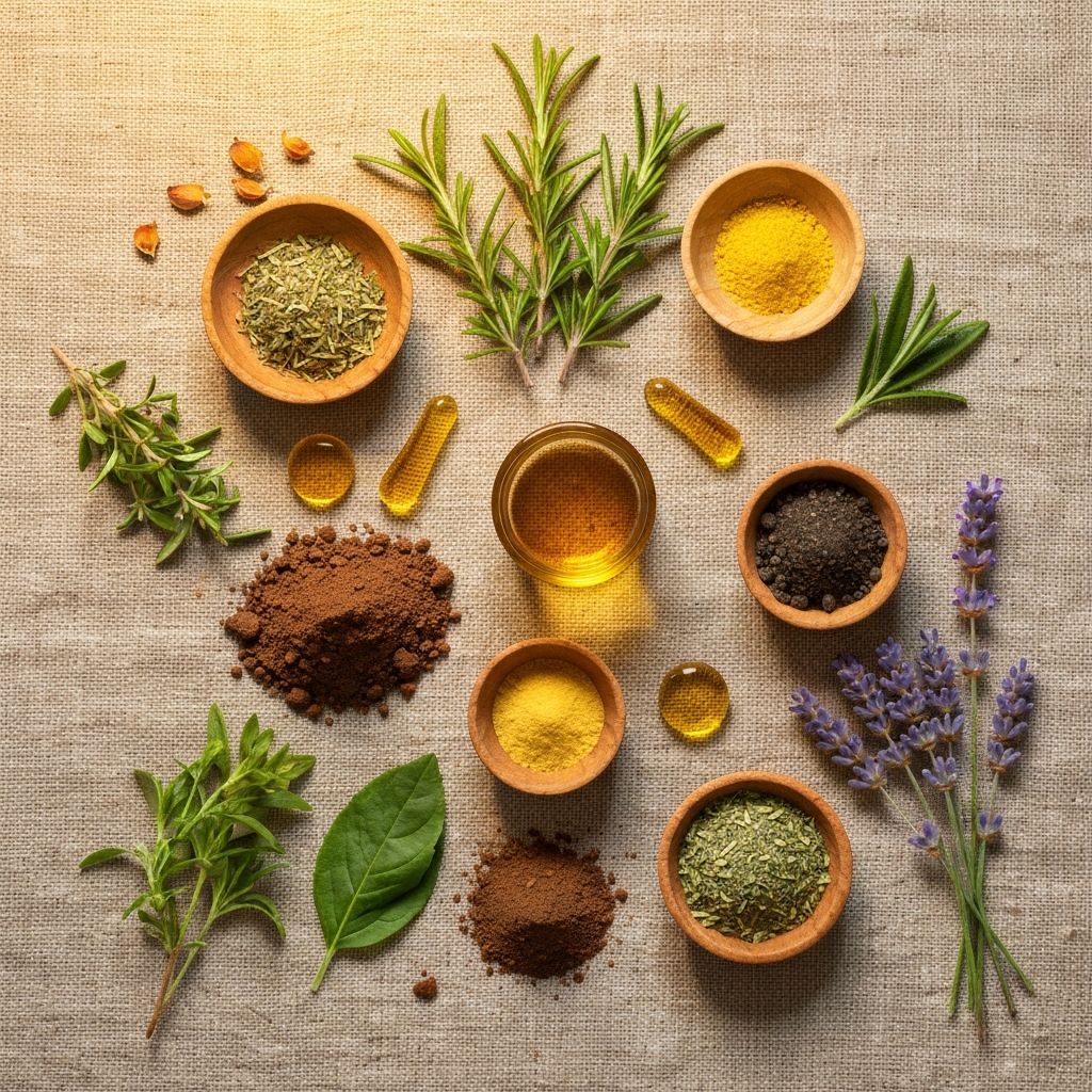 Επίπεδη άποψη φυσικών συστατικών περιποίησης: βότανα, έλαια, άργιλος, βοτανικά στοιχεία σε λινό ύφασμα με ζεστό φωτισμό