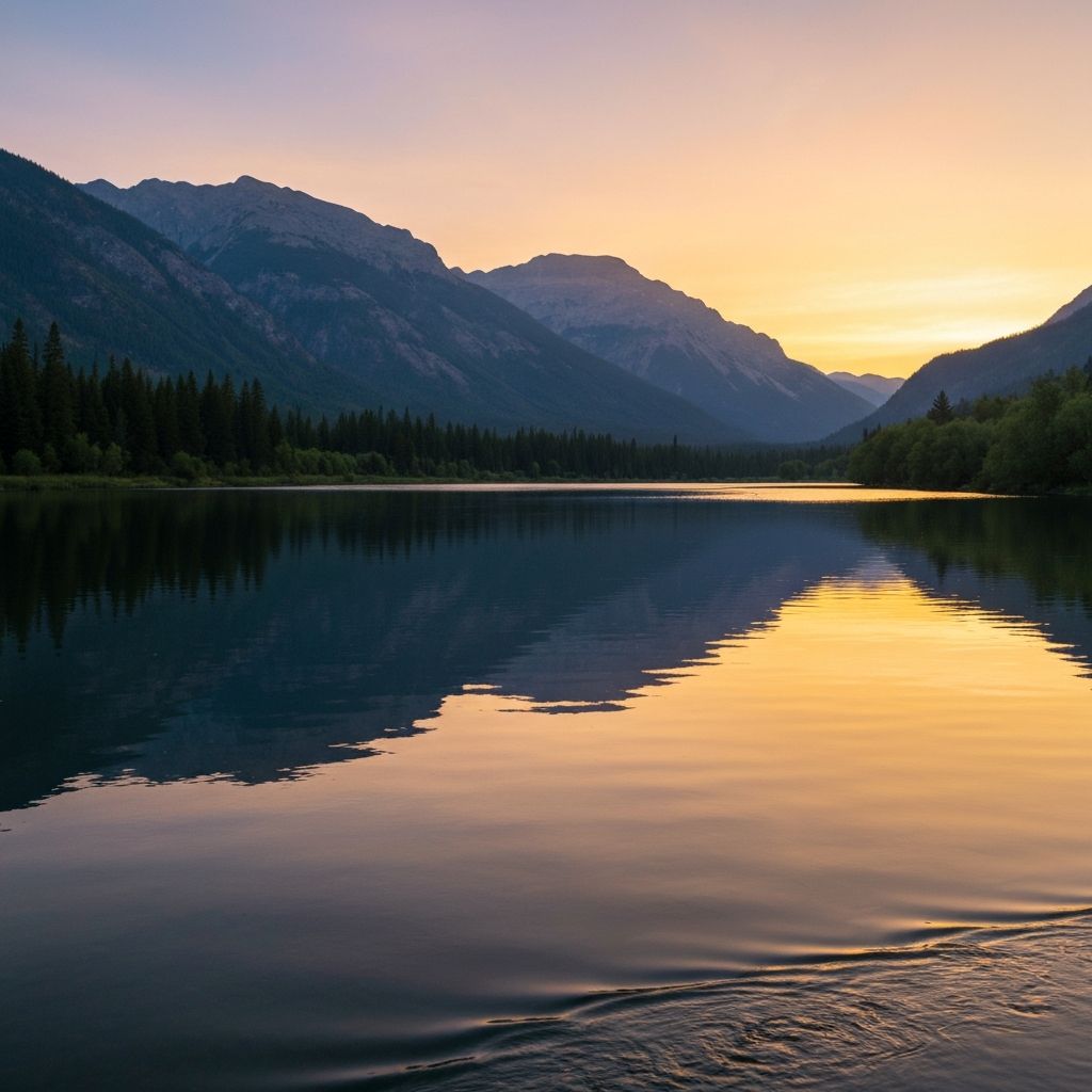 Γαλήνιο τοπίο νερού: γαλήνια λίμνη ή ποτάμι στο ηλιοβασίλεμα με βουνά, μαλακό ζεστό φωτισμό, ανακλάσεις