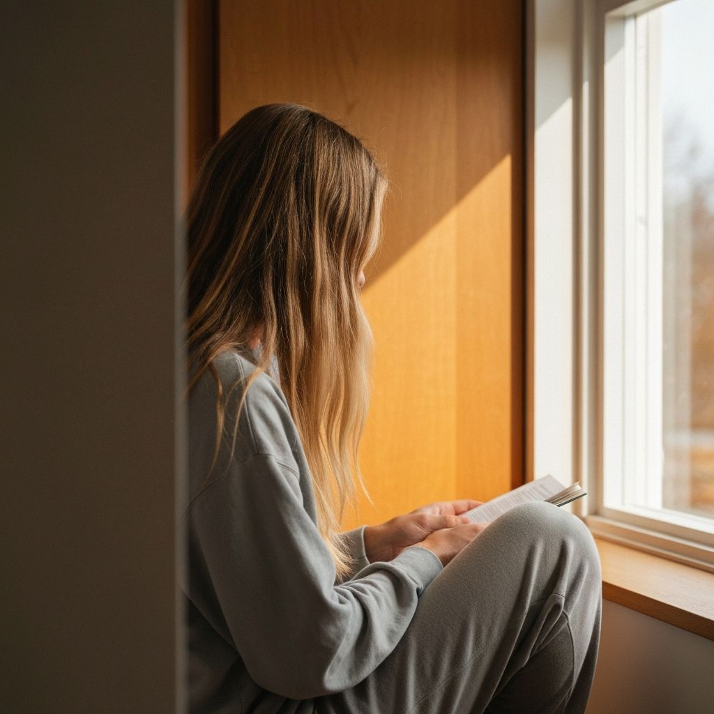 Άτομο σε ήρεμη καθημερινή ρουτίνα με φυσικό φως, διαβάζοντας ή διαλογιζόμενο κοντά σε παράθυρο